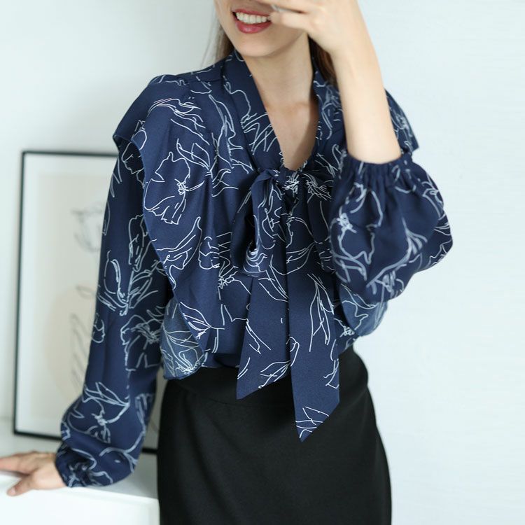 大きいサイズ レディース 花柄フリルボウタイブラウス　fem-386 【ゆうパケット可】