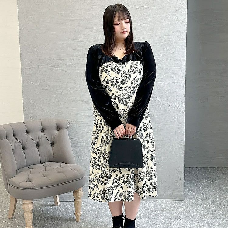 大きいサイズ レディース 胸元切替え花柄フレアワンピース　goldy-1370