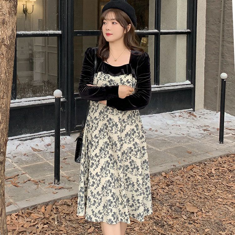 大きいサイズ レディース 胸元切替え花柄フレアワンピース　goldy-1370