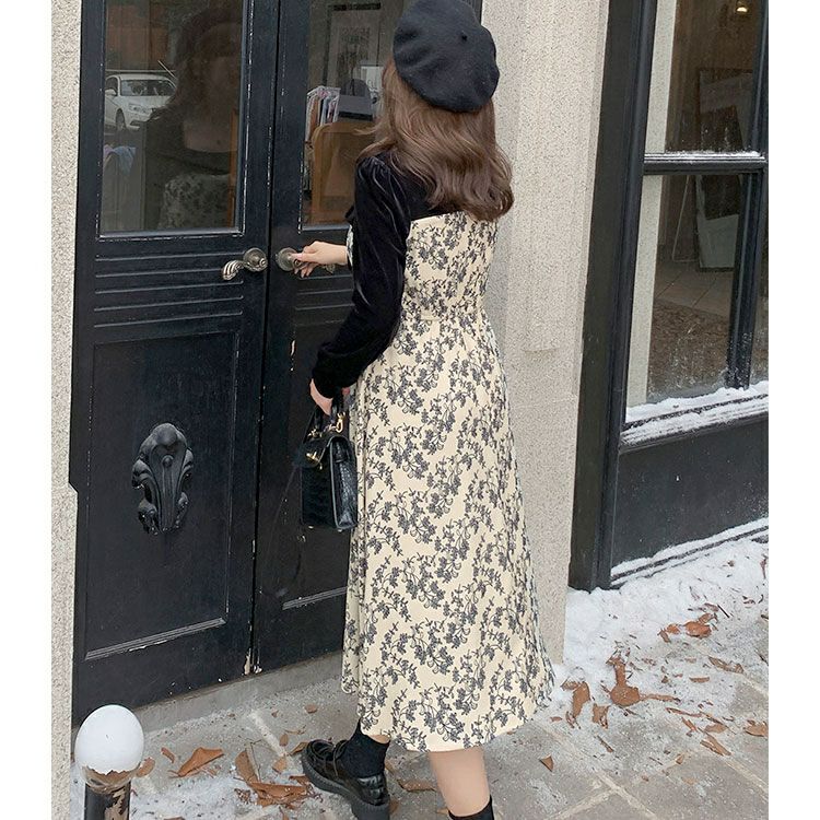 大きいサイズ レディース 胸元切替え花柄フレアワンピース　goldy-1370