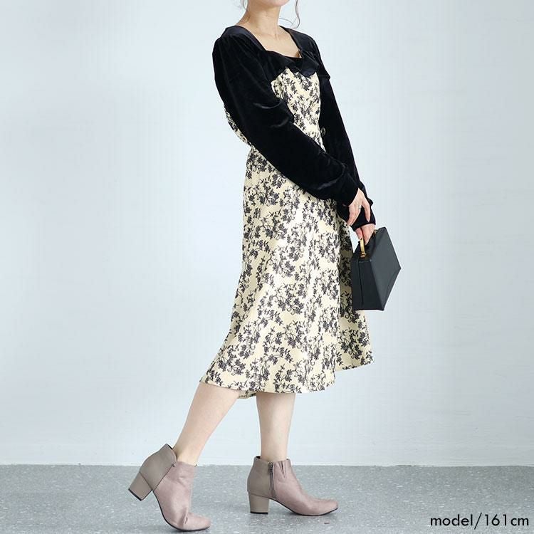 大きいサイズ レディース 胸元切替え花柄フレアワンピース　goldy-1370 ブラック
