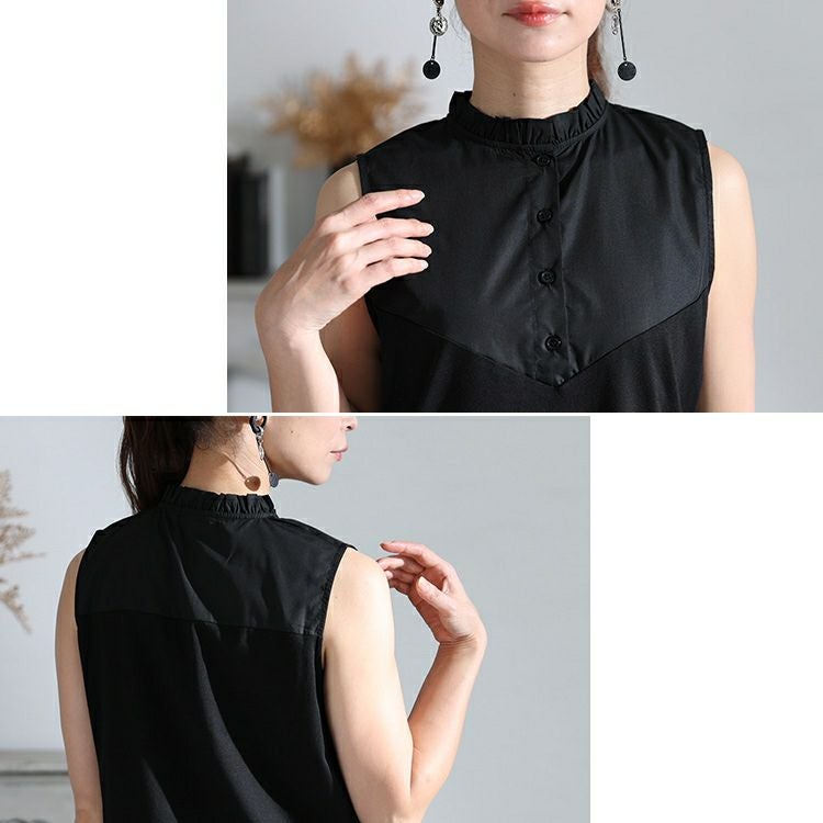 大きいサイズ レディース レイヤードスタイルも叶うスタンドカラーノースリーブ異素材シャツ　jp484 【メール便可】