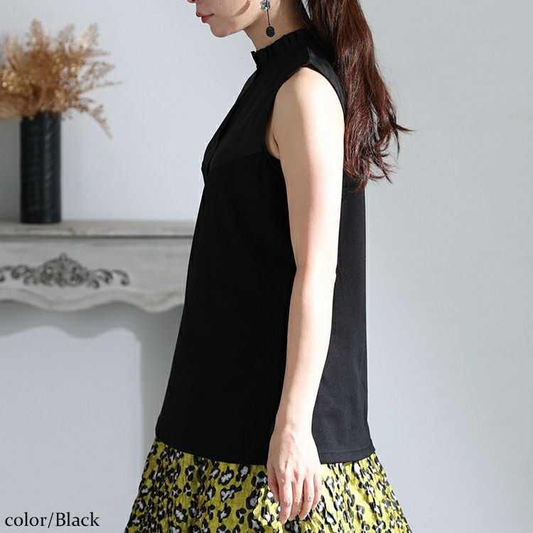 大きいサイズ レディース レイヤードスタイルも叶うスタンドカラーノースリーブ異素材シャツ　jp484 【メール便可】