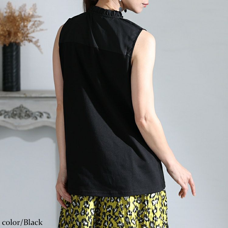 大きいサイズ レディース レイヤードスタイルも叶うスタンドカラーノースリーブ異素材シャツ　jp484 【メール便可】