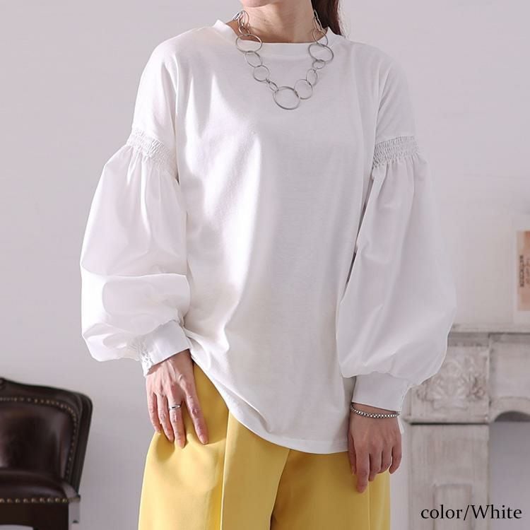 大きいサイズ レディース 異素材ボリュームスリーブブラウス　jp485 ホワイト