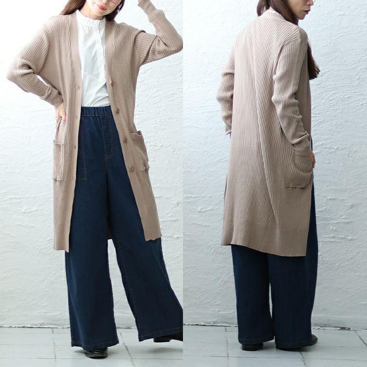 大きいサイズ レディース リブニットVネックロングカーディガン　wn-0004