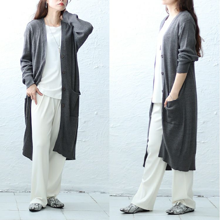 大きいサイズ レディース リブニットVネックロングカーディガン　wn-0004