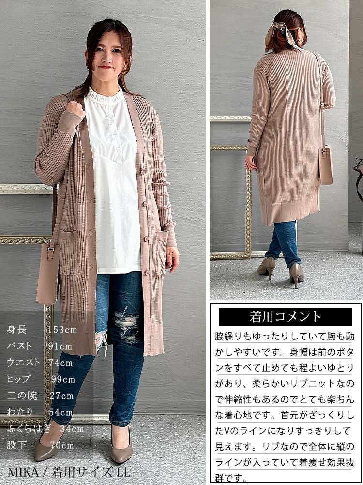 大きいサイズ レディース リブニットVネックロングカーディガン　wn-0004