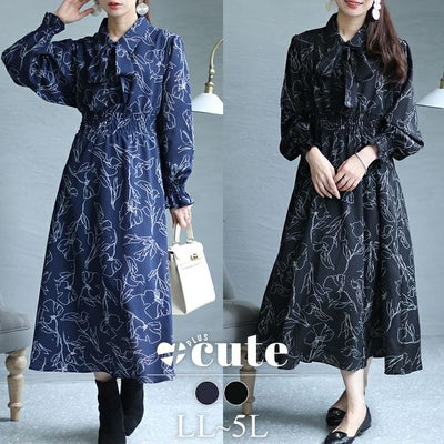 大きいサイズ レディース 花柄ボウタイシャツワンピース　fem-401