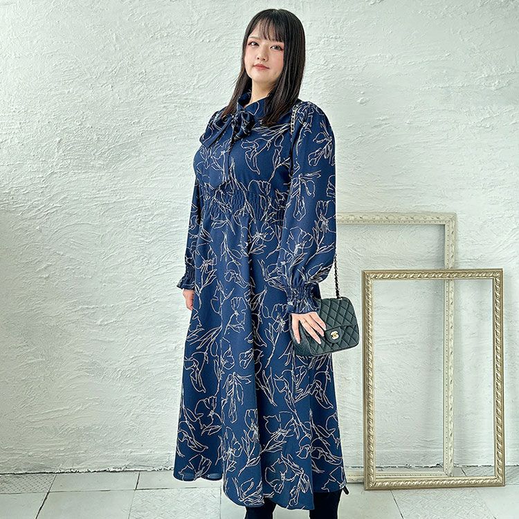 大きいサイズ レディース 花柄ボウタイシャツワンピース　fem-401