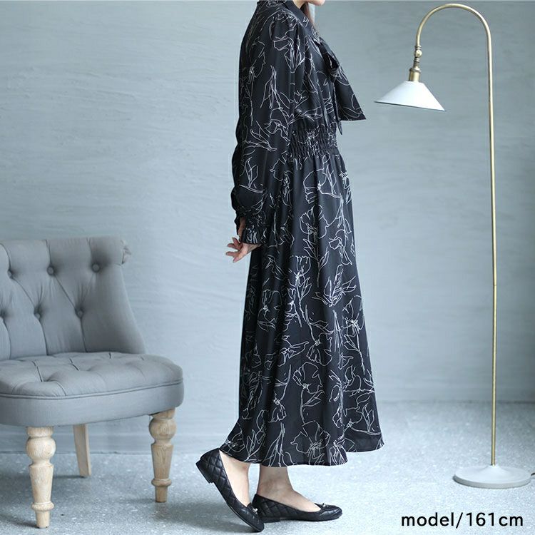 大きいサイズ レディース 花柄ボウタイシャツワンピース　fem-401