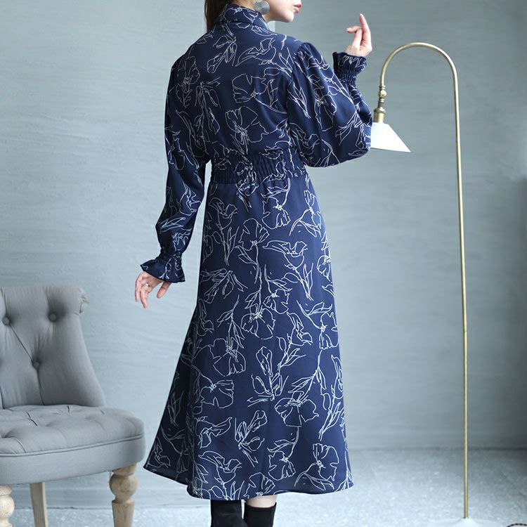 大きいサイズ レディース 花柄ボウタイシャツワンピース　fem-401