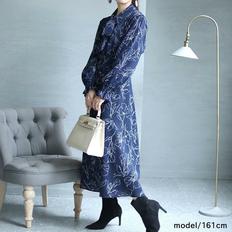 大きいサイズ レディース 花柄ボウタイシャツワンピース　fem-401 ネイビー