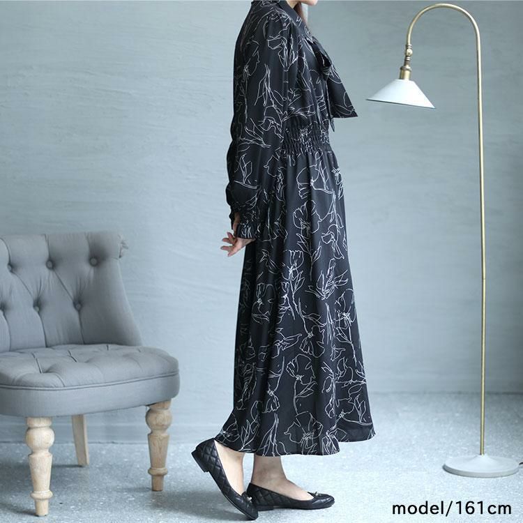 大きいサイズ レディース 花柄ボウタイシャツワンピース　fem-401 ブラック