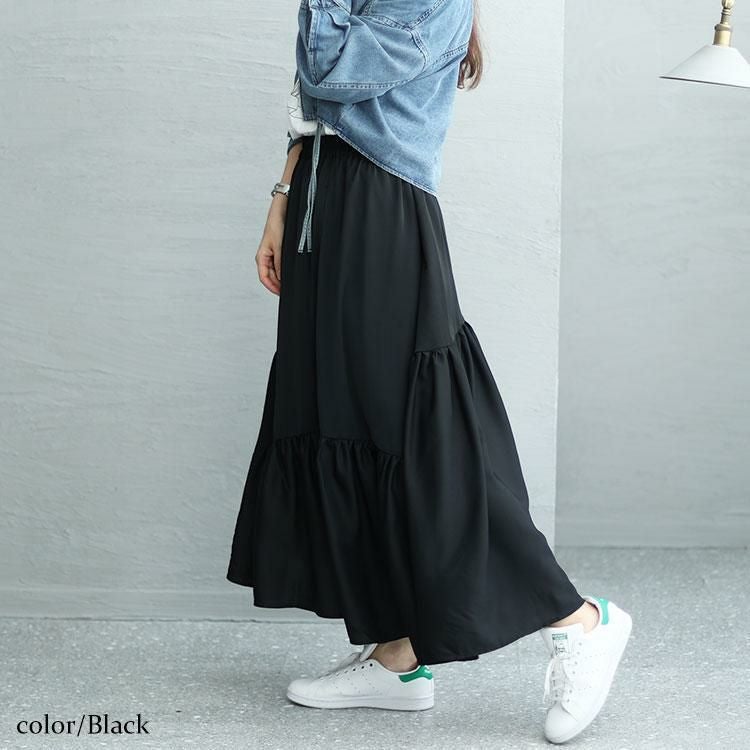 大きいサイズ レディース 変形ティアードスカート　fem-395 ブラック