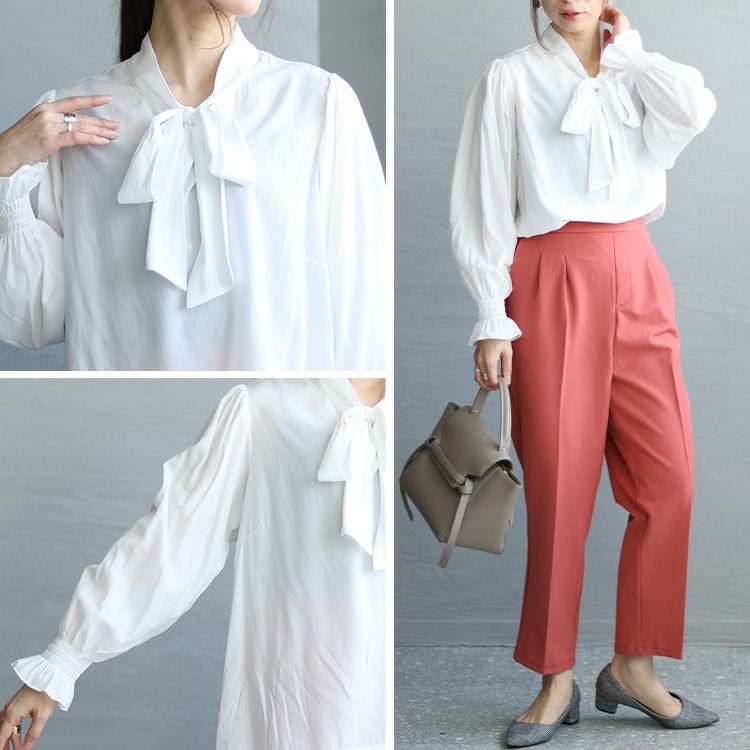 大きいサイズ レディース ボウタイブラウス＆ニットワンピースセット　fem-393