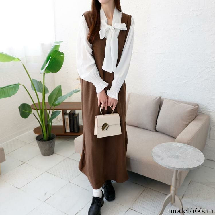 大きいサイズ レディース ボウタイブラウス＆ニットワンピースセット　fem-393 モカ