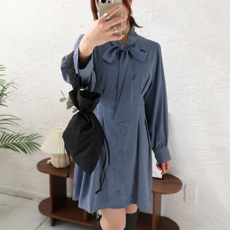 大きいサイズ レディース ボウタイタックワンピース　fem-394