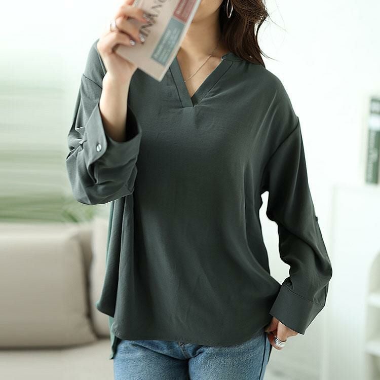 大きいサイズ レディース 袖2wayスキッパーブラウス　cpdai-640200 【ゆうパケット可】 モスグリーン