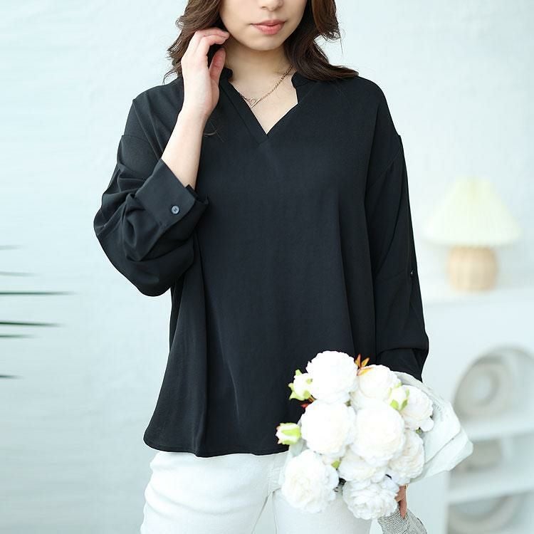 大きいサイズ レディース 袖2wayスキッパーブラウス　cpdai-640200 【ゆうパケット可】 ブラック