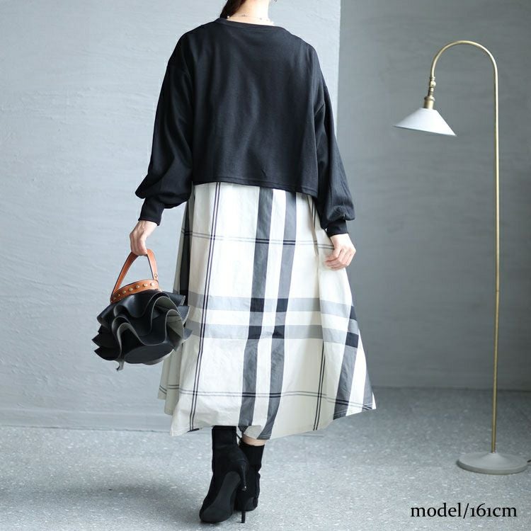 大きいサイズ レディース カーディガン＆チェック柄ドッキングワンピースセット　cros-140112