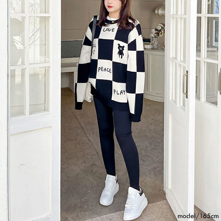 大きいサイズ レディース チェッカーフラッグニットトレーナー　goldy-1376