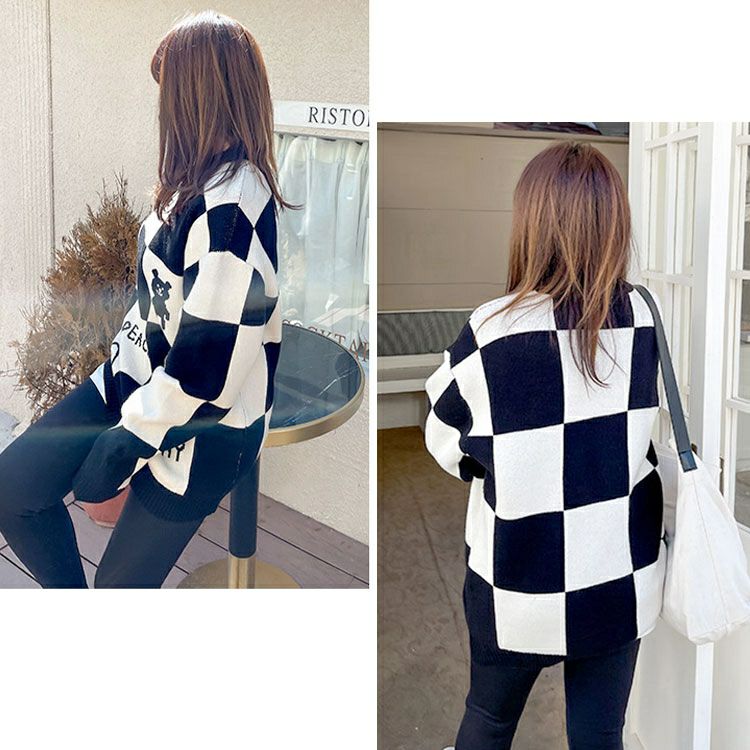 大きいサイズ レディース チェッカーフラッグニットトレーナー　goldy-1376