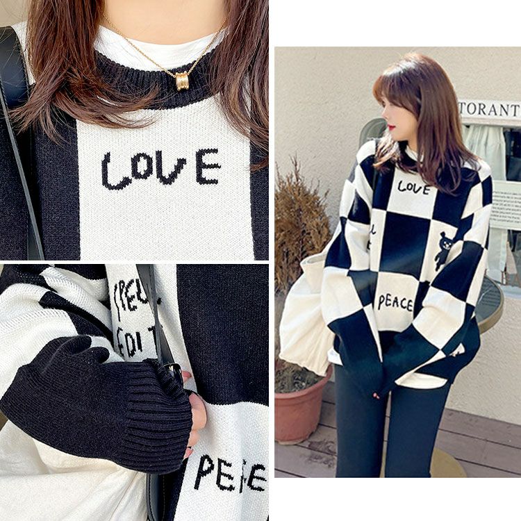 大きいサイズ レディース チェッカーフラッグニットトレーナー　goldy-1376