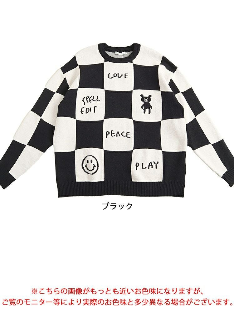 大きいサイズ レディース チェッカーフラッグニットトレーナー　goldy-1376