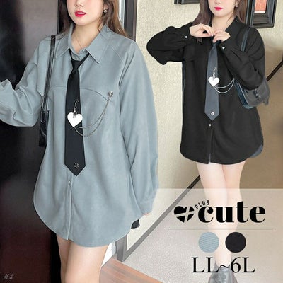 大きいサイズ レディース ネクタイ付きロングシャツ　goldy-1372