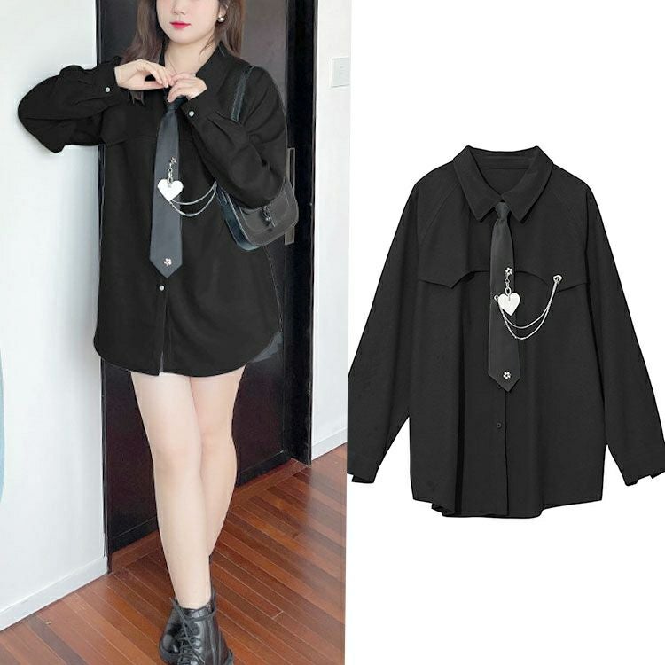 大きいサイズ レディース ネクタイ付きロングシャツ　goldy-1372