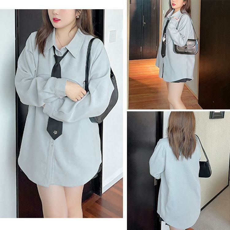 大きいサイズ レディース ネクタイ付きロングシャツ　goldy-1372 ブルー