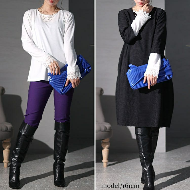 大きいサイズ レディース レース袖レイヤードカットソー　jp489 【メール便可】