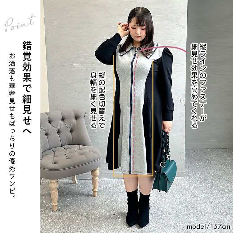 大きいサイズ レディース 配色切替フロントファスナーワンピース　goldy-1366