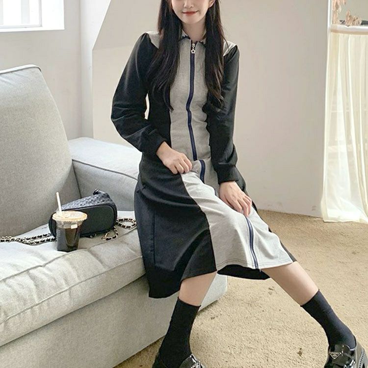 大きいサイズ レディース 配色切替フロントファスナーワンピース　goldy-1366