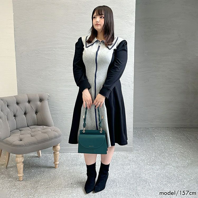 大きいサイズ レディース 配色切替フロントファスナーワンピース　goldy-1366