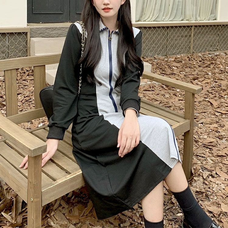 大きいサイズ レディース 配色切替フロントファスナーワンピース　goldy-1366