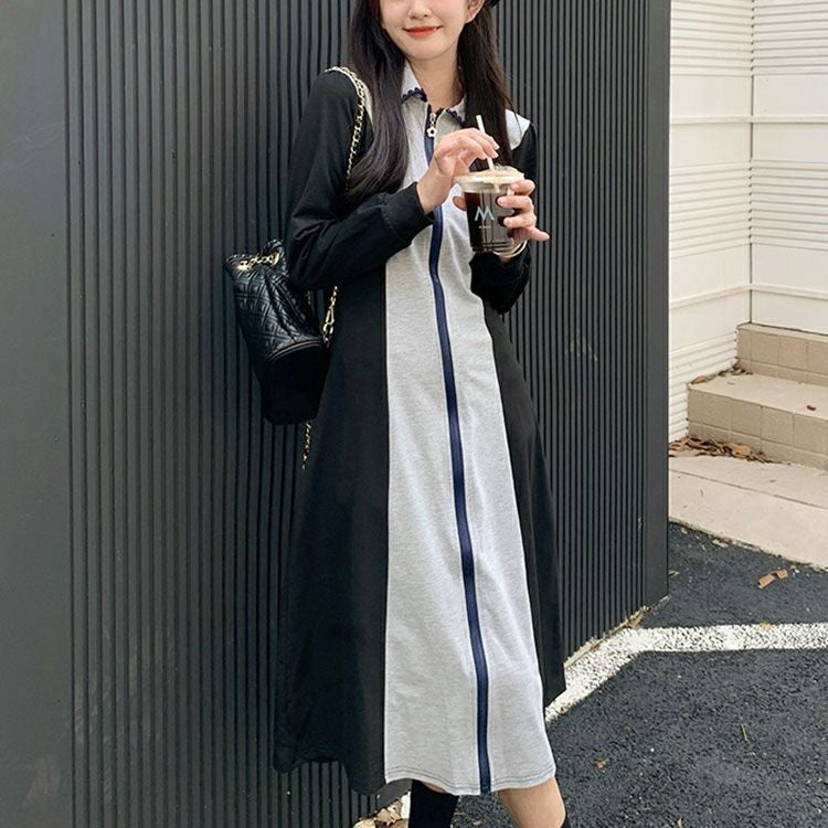 大きいサイズ レディース 配色切替フロントファスナーワンピース　goldy-1366