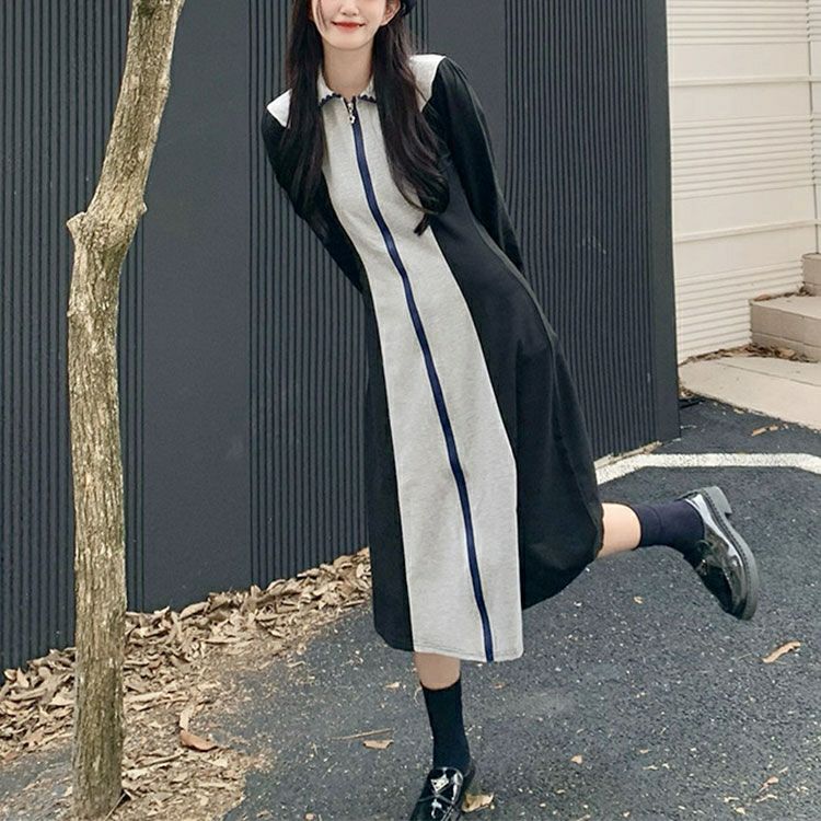 大きいサイズ レディース 配色切替フロントファスナーワンピース　goldy-1366