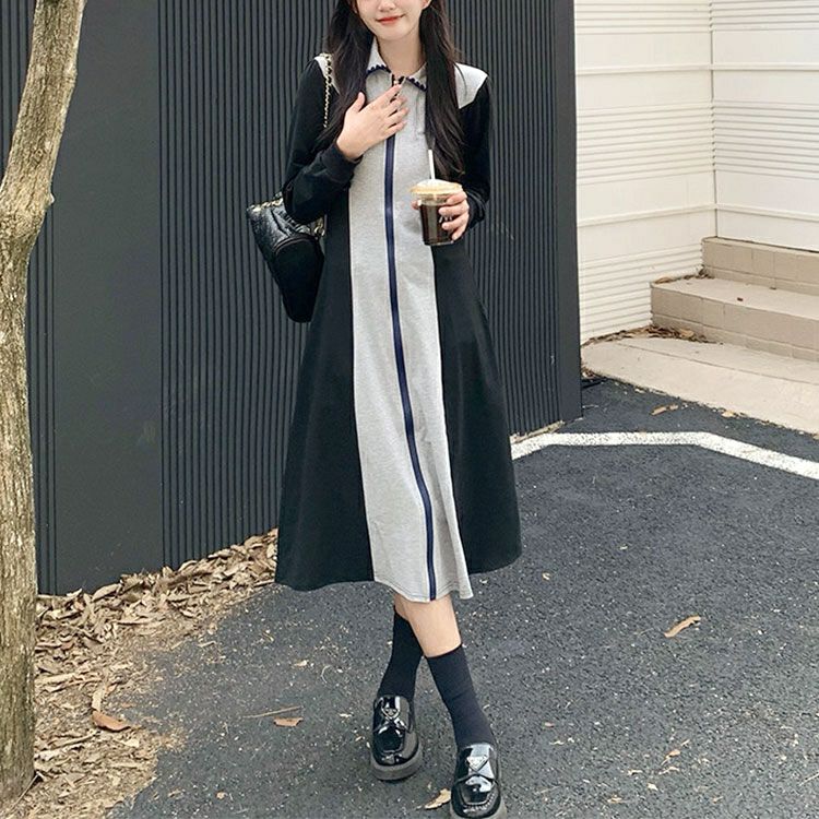 大きいサイズ レディース 配色切替フロントファスナーワンピース　goldy-1366