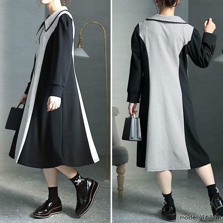 大きいサイズ レディース 配色切替フロントファスナーワンピース　goldy-1366 ブラック