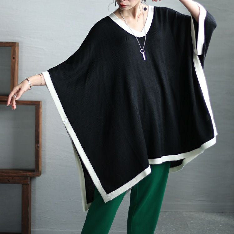 大きいサイズ レディース 配色ニットポンチョ　bro-0015