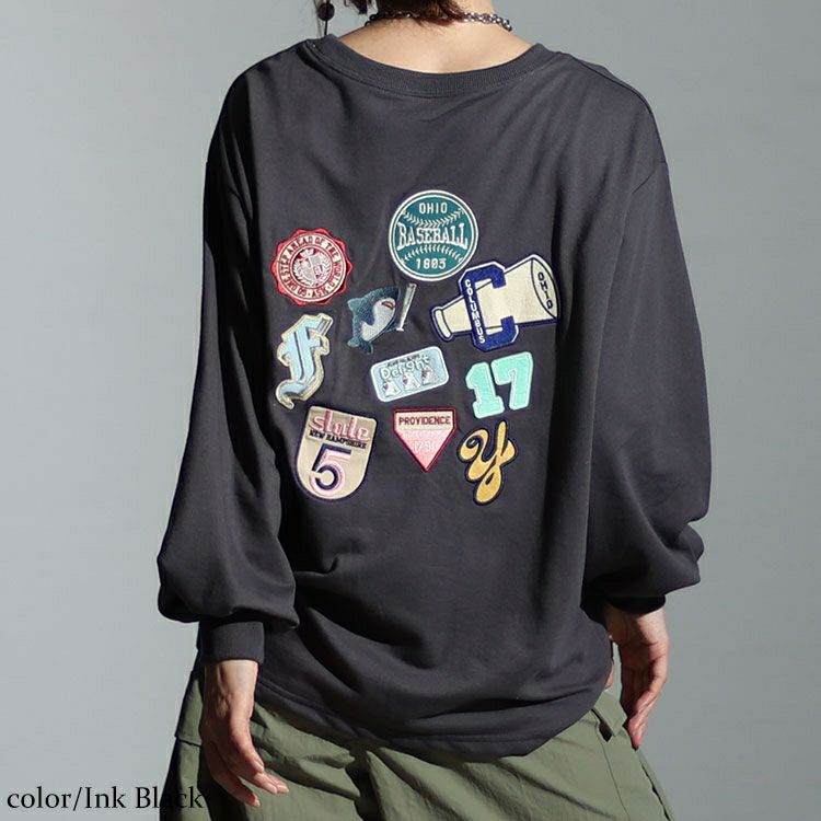 大きいサイズ レディース バックワッペンクルーネックトップス　cros-140123 【ゆうパケット可】