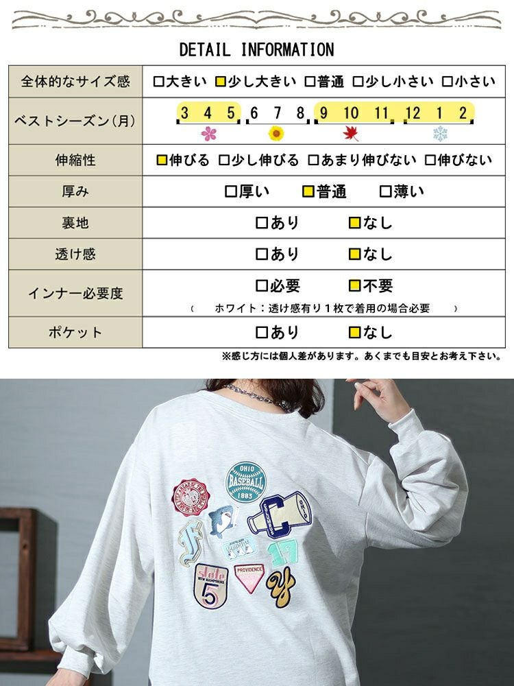 大きいサイズ レディース バックワッペンクルーネックトップス　cros-140123 【ゆうパケット可】