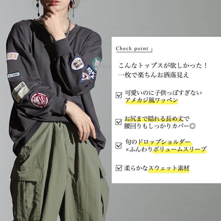 大きいサイズ レディース 袖ワッペンクルーネックトップス　cros-140122 【メール便可】