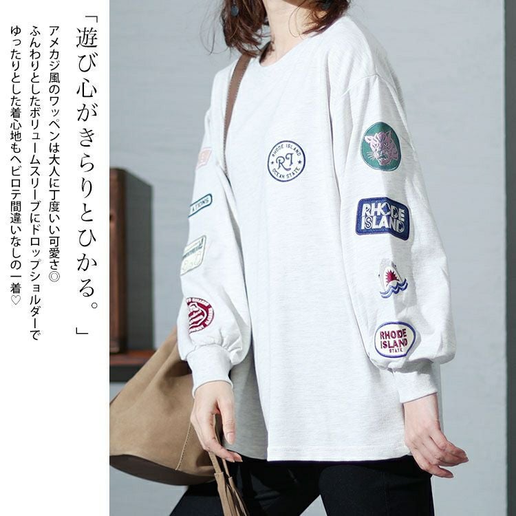 大きいサイズ レディース 袖ワッペンクルーネックトップス　cros-140122 【メール便可】