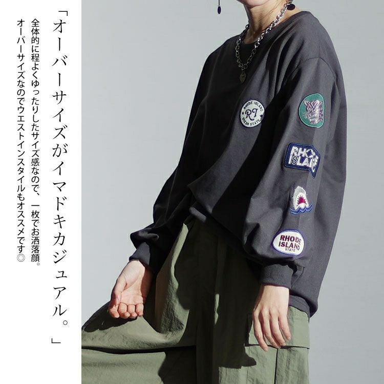 大きいサイズ レディース 袖ワッペンクルーネックトップス　cros-140122 【メール便可】