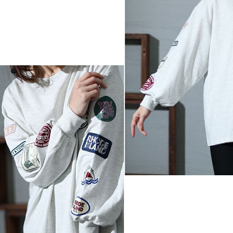 大きいサイズ レディース 袖ワッペンクルーネックトップス　cros-140122 【メール便可】