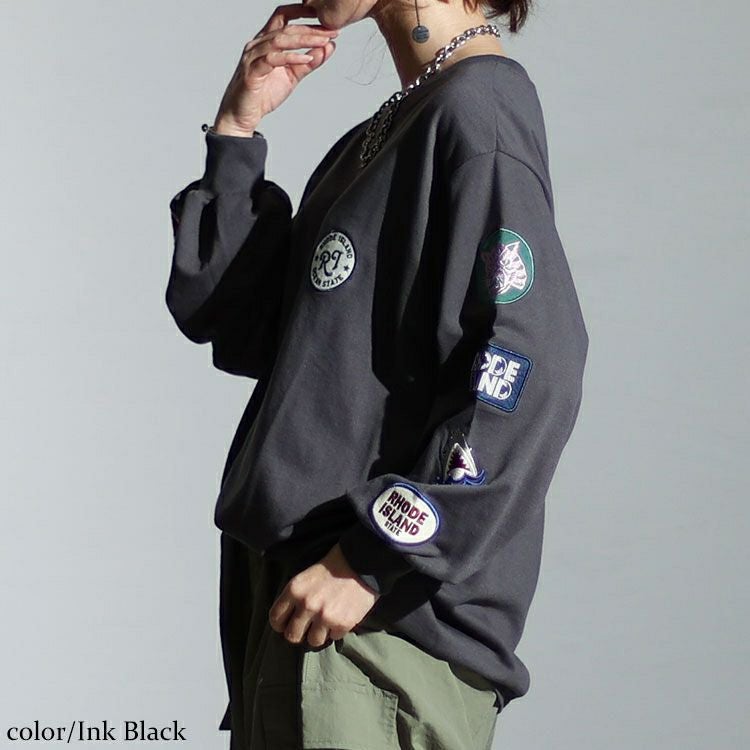 大きいサイズ レディース 袖ワッペンクルーネックトップス　cros-140122 【メール便可】