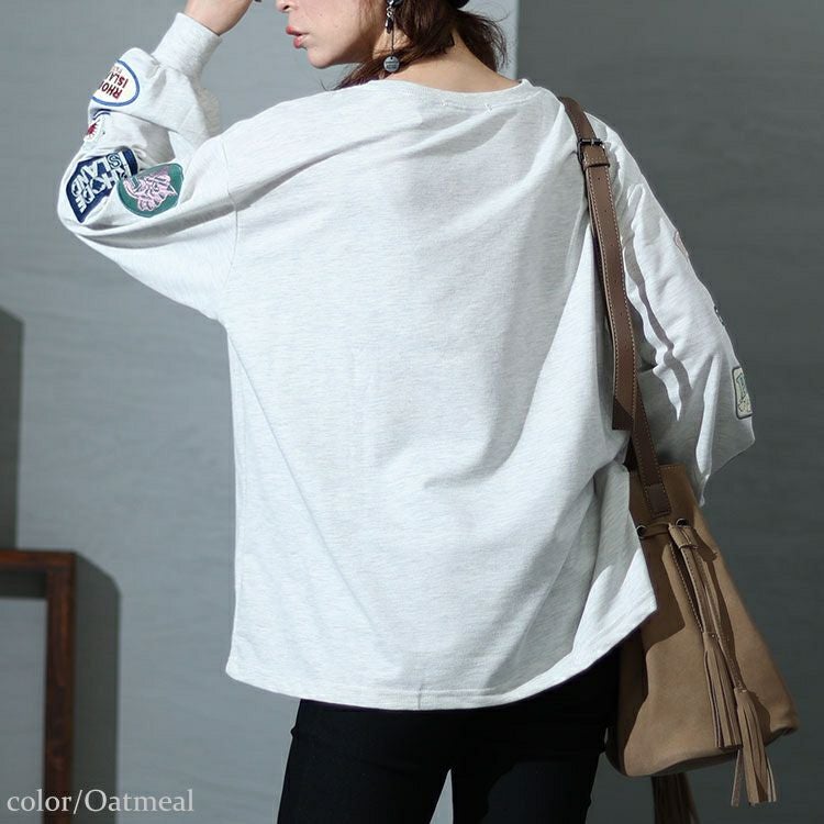 大きいサイズ レディース 袖ワッペンクルーネックトップス　cros-140122 【メール便可】